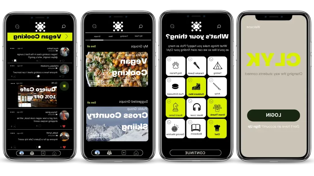 Pictured are four phone screens showing the working designs of the Clyk user interface 